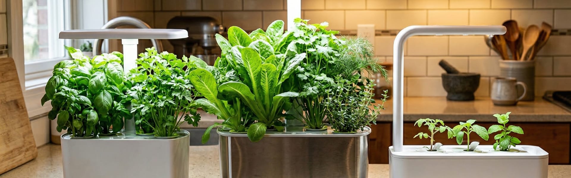 Countertop hydroponic gardens with fresh herbs on a kitchen counter