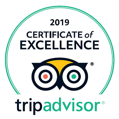Trip Advisor Certificate of Excellence 2019 logo on a grey background.