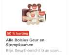 50% korting op Bolsius geurkaarsen, theelichten en stompkaarsen bij PLUS