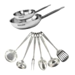 Set 2 Sartenes Acero Inoxidable 20/28 cm + 6 Utensilios Inducción por 29.99€