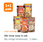 Alle Unox soep in zak 1+1 gratis bij de AH