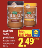 Maribel 100% pindakaas (600 g) voor €2,49 bij Lidl