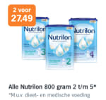 Alle Nutrilon 800 gram 2 t/m 5*- 2 stuks voor €27,49 bij de AH