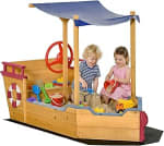Outsunny Sand Pit, Kids Wooden Sandbox Pirate Ship with Canopy Shade, Storage Bench a