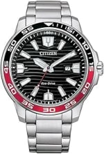 Citizen Eco-Drive Watch, Black and Red Bezel, Stainless Steel Bracelet, Model: AW1527