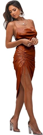 Women's Satin Spaghetti Straps Cowl Neck Midi Dress for £0.50