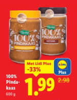 100% pindakaas 600 gram voor €1,99 met de Lidl plus app