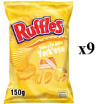 9 Bolsas de RUFFLES Patatas fritas onduladas con sabor a jamón York y queso por 9.45€