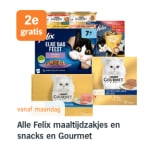 Alle Felix maaltijdzakjes en snacks en Gourmet 1+1 gratis bij de AH