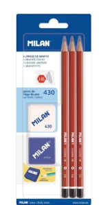 Milan BYM10016 - Blíster con 3 lápices grafito, sacapuntas y goma de borrar por 1.54€