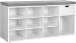 VASAGLE Shoe Storage Bench with Cushion, Drawer | Open Compartments, White and Grey,