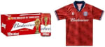 Budweiser Lager Beer Can, 10 x 440ml + Budweiser Jersey Red Vintage Fit Shirt Bundle