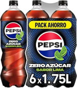 Pepsi zero Lima Refresco cola con cero azúcar y calorías, 6 botellas 1.75 l por 5.70€