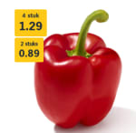 4 stuks Paprika rood voor €1,29 bij de AH
