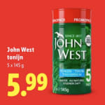 5 blikjes John West tonijn in water voor €5,99 bij de Lidl