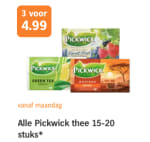 Alle Pickwick thee 15-20 stuks* 3 stuks voor €4,99 bij de AH