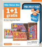 1+1 gratis op alle Tony’s Chocolonely 90 gram bij de AH