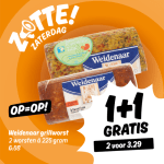 Grillworst 1+1 voor €3,29 bij Poiesz