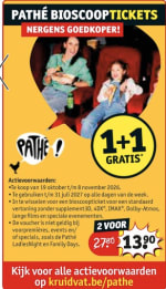 Pathé bioscooptickets 1+1 gratis bij Kruidvat Belgie