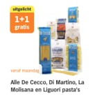 1+1 gratis op Alle De Cecco, Di Martino, La Molisana en Liguori pasta's bij de AH