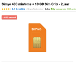 Simyo 400 min/sms + 10 GB Sim Only voor effectief 2,79 euro per maand (dmv cashback)