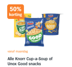 50% korting op alle Knorr Cup-a-Soup of Unox Good snacks bij de AH