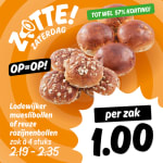 4 krentenbollen of mueslibollen voor €1 bij poiesz-supermarkten.