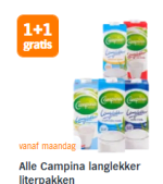 1+1 gratis op Alle Campina langlekker literpakken bij de AH