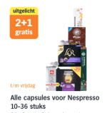2+1 gratis op Alle capsules voor Nespresso 10-36 stuks bij de AH