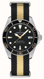 Certina DS Action Diver Automatic 40.5mm – Black Dial, Black & Gold NATO Strap (With