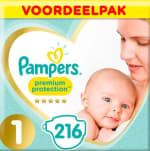 50% korting op Pampers premium protection maat 1 (2-5 kg) 216 luiers