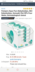 Pampers Vochtige doekjes Aqua 18 x 48 stuks voor €22