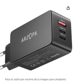 ARZOPA 65W Cargador USB C Rápida PD3.0 GAN Cargador Portatil 3 Puertos por 13,79€