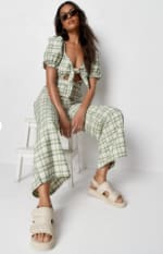 Green check tie front wide leg jumpsuit for £16.00.