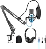 Neewer USB Micrófono con Suspensión, Brazo Tijera, Montaje, Auriculares con Monitor, Filtro Pop, Cable USB y Kit Abrazadera para Grabación para Windows y Mac (Azul/Plateado) por 25,99€