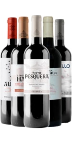 1 botella de El Vínculo Crianza 2022. B. El Vínculo. D.O. La Mancha. + 1 botella de Dehesa La Granja 2022. B. Dehesa La Granja. V.T. Castilla y León. + 1 botella de 20 Aldeas 2022. B. Condado de Haza. D.O. Ribera del Duero. + 1 botella de Condado de Haza Crianza 2022. B. Condado de Haza. D.O. Ribera del Duero. + 1 botella de Tinto Pesquera Crianza 2022. B. Tinto Pesquera. D.O. Ribera del Duero. por 45€
