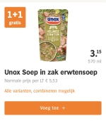 Alle Unox soep 1+1 gratis bij Albert Hein