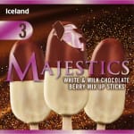 Obtain a Majesties white and milk chocolate berry mix up sticks from Iceland for £1.37