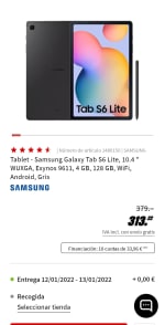Samsung Galaxy Tab S6 Lite, 10.4 " WUXGA, Exynos 9611, 4 GB, 128 GB, WiFi, Android, Gris