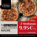 Dos pizzas medianas a a 9,95€ la unidad el domingo Día de la Madre. Disponible a domicilio.