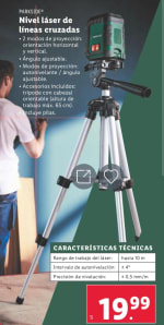 Nivel láser autonivelante de líneas cruzadas + trípode con cabezal orientable. En Lidl. Incluye pilas.