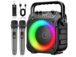 Karaoke profesional con altavoz y dos microfono con Sistema PA soporta bluetooth/TV/TF/USB/AUX/FM/TWS (Negro) por solo 32,99€