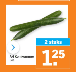 2 komkommers voor €1,25 bij Albert Heijn