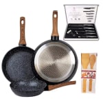 Set de 3 Sartenes 20/24/28cm con Revestimiento Antiadherente a la Piedra . cuchillos y set de utensilios por 29,03€
