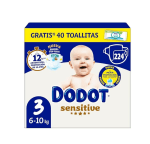 Dodot Pañales Bebé Sensitive Talla 3 (6-10 kg) 224 Pañales + 1 Pack de 10 Toallitas Gratis de Aqua Plastic Free por solo 52,19€
