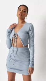 Light blue rib tie front crop top and mini skirt co ord set for £12.