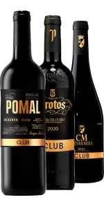 2 botellas de Viña Pomal Club Reserva 2020. Bodegas Bilbaínas. D.O.Ca. Rioja. + 2 botellas de Protos Club Crianza 2020. Bodegas Protos. D.O. Ribera del Duero. + 2 botellas de CM Matarromera Club 2018. Bodega CM de Matarromera. D.O.Ca. Rioja. por 50€