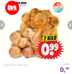 Hollandse uien 2 kilo voor €0,99 bij dirk