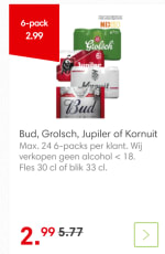 Bud, Grolsch, Jupiler of Kornuit 6 pack voor 2,99 bij de DekaMarkt