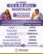 Pensión Mujeres de 60 y 64 Años $3,000 Bimestrales (Registro: 7 de octubre)